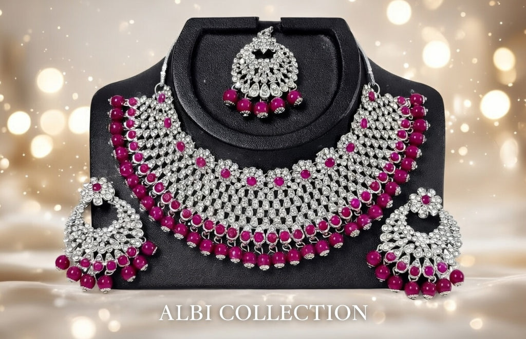 Albi Collection Royal Magenta Kundan Necklace Set with Earrings – Bridal & Party Wear Jewelry
