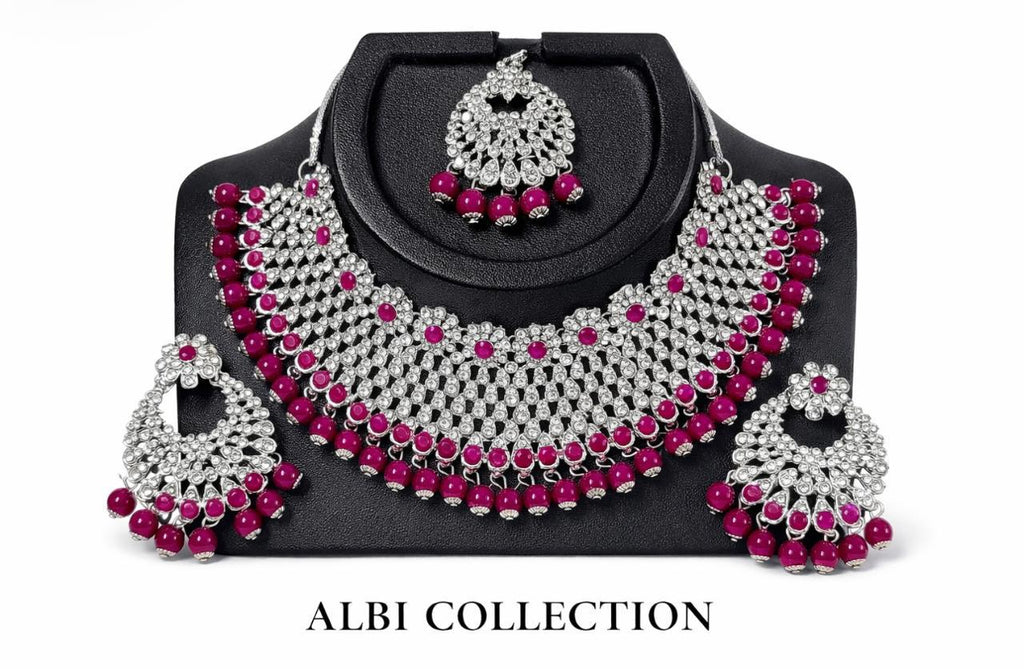 Albi Collection Royal Magenta Kundan Necklace Set with Earrings – Bridal & Party Wear Jewelry