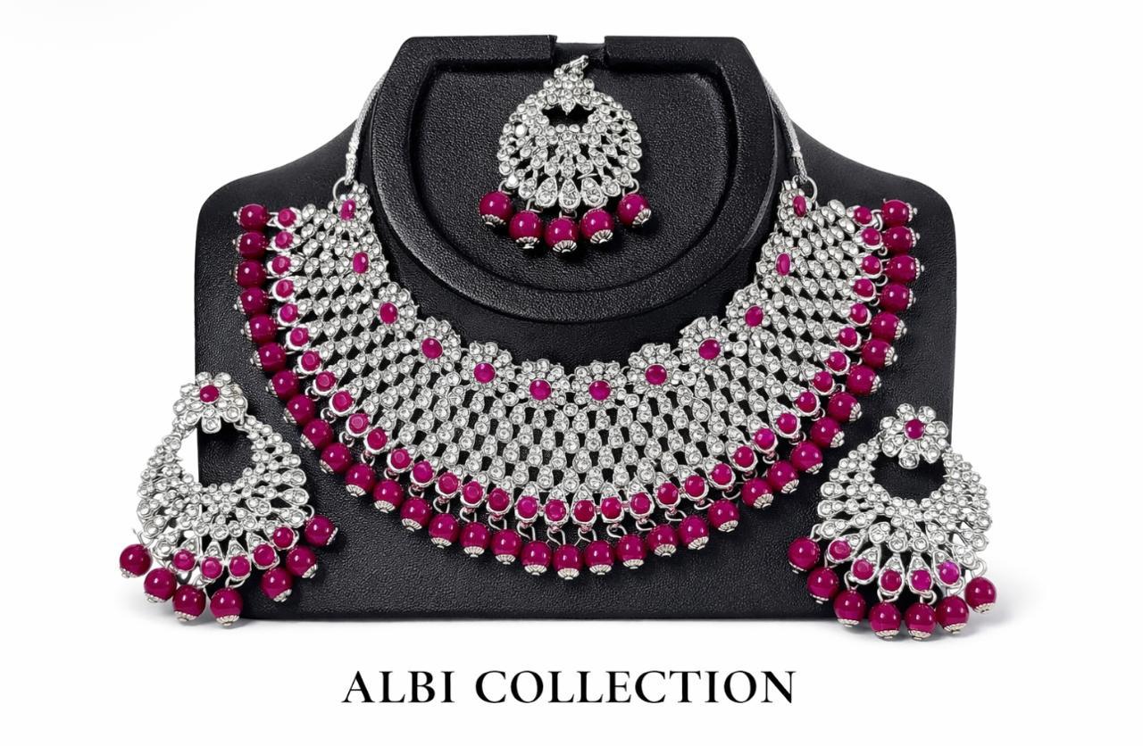 Albi Collection Royal Magenta Kundan Necklace Set with Earrings – Bridal & Party Wear Jewelry