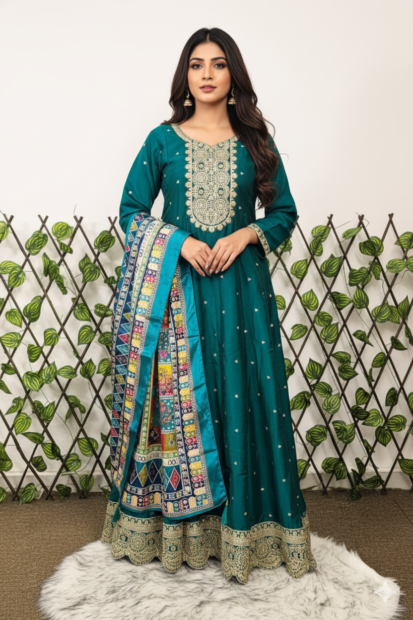 Women's Teal Green Anarkali Suit with Heavy Gold Embroidery &amp; Multi-Color Designer Dupatta | 3-Piece Festive Set