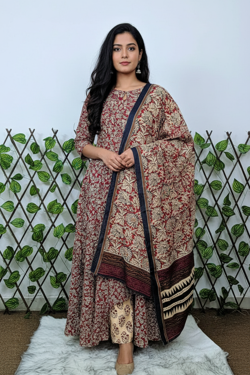 Rustic Red &amp; Beige Floral Anarkali Suit Set