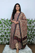 Rustic Red &amp; Beige Floral Anarkali Suit Set