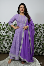 Women's Lilac Printed Kurta with Mirror Work and Border Dupatta | 3-Piece Festive Set