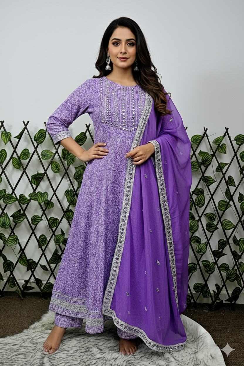 Women's Lilac Printed Kurta with Mirror Work and Border Dupatta | 3-Piece Festive Set