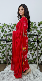 Women's Red Floral Printed Rayon Kurta with Embroidered Yoke & Dupatta | 3-Piece Festive Set