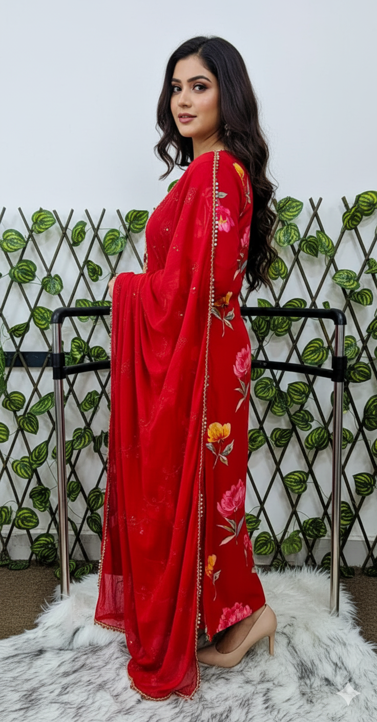 Women's Red Floral Printed Rayon Kurta with Embroidered Yoke & Dupatta | 3-Piece Festive Set