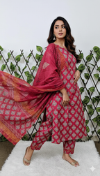 Women's Cotton Block Print Kurta with Pants and Dupatta Set | 3-Piece Ethnic Wear Suit