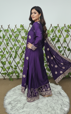 Women's Purple Silk Blend Kurta Set with Gold Zari Embroidery | 3-Piece Festive Palazzo Suit
