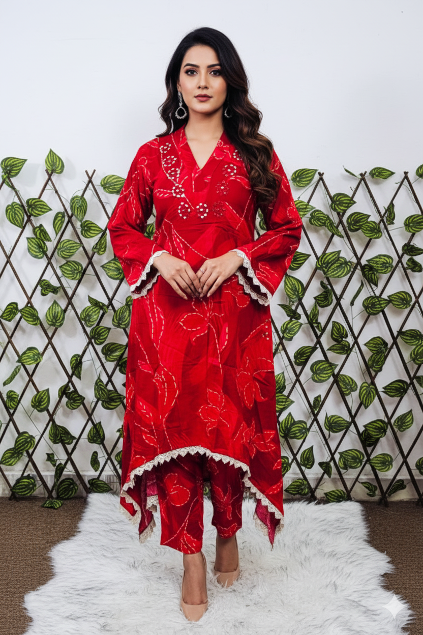 Women's 2-Piece Red Printed Kurta Set with Lace Trim &amp; Embellishments | Festive Indian Tunic and Trousers