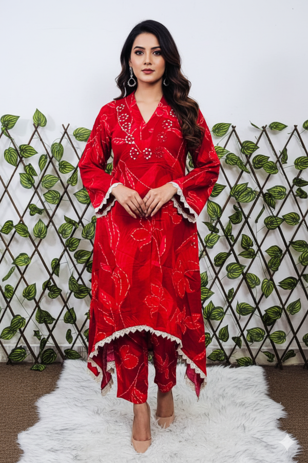Women's 2-Piece Red Printed Kurta Set with Lace Trim &amp; Embellishments | Festive Indian Tunic and Trousers