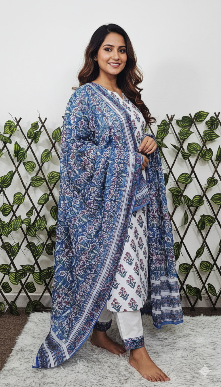 Women's Cotton Printed Kurta, Pant, and Dupatta Set | 3-Piece Ethnic Wear