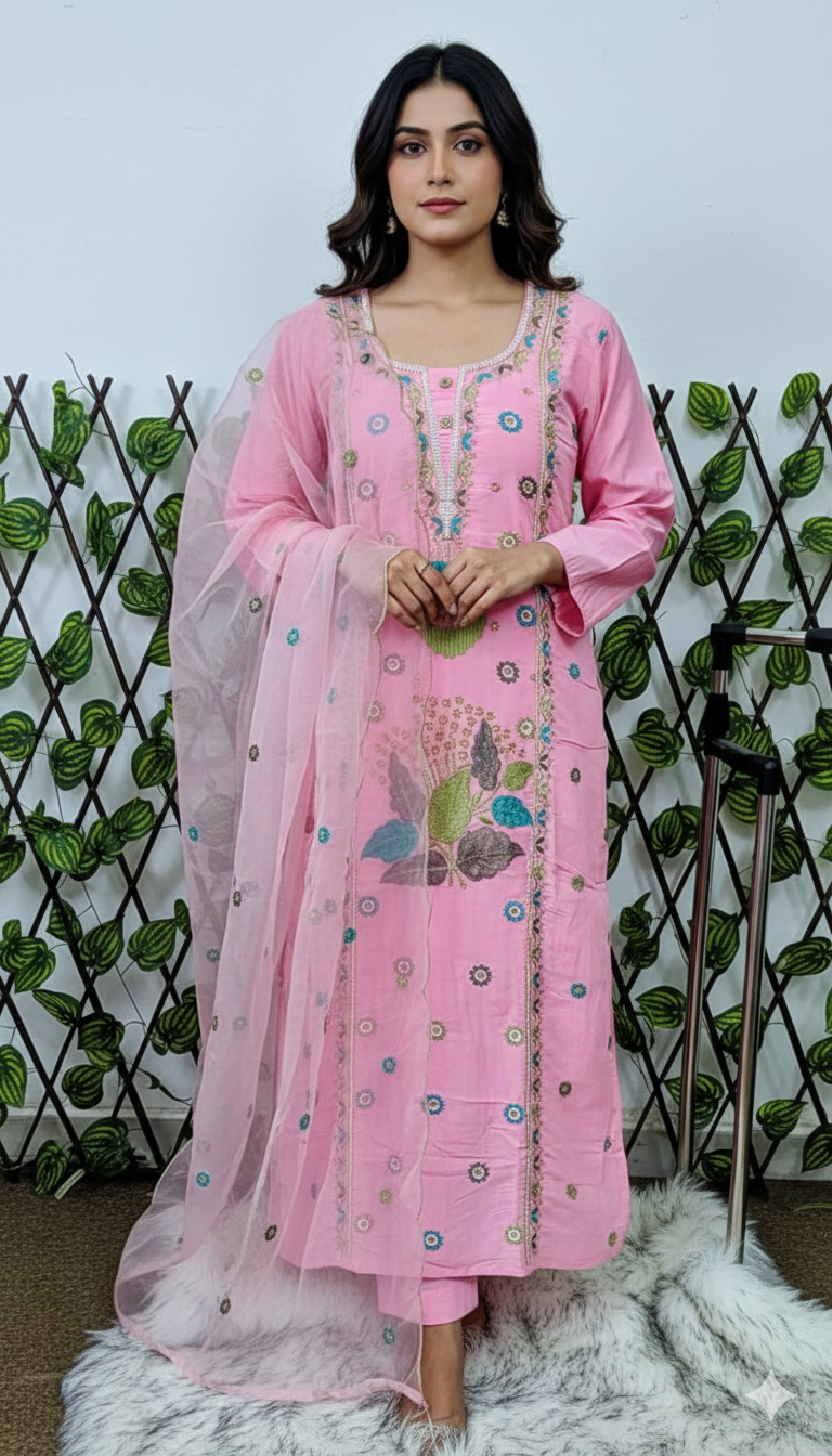 Women's Pink Ethnic Kurta Set with Multi-Color Thread Embroidery & Organza Dupatta | Festive Ready-to-Wear