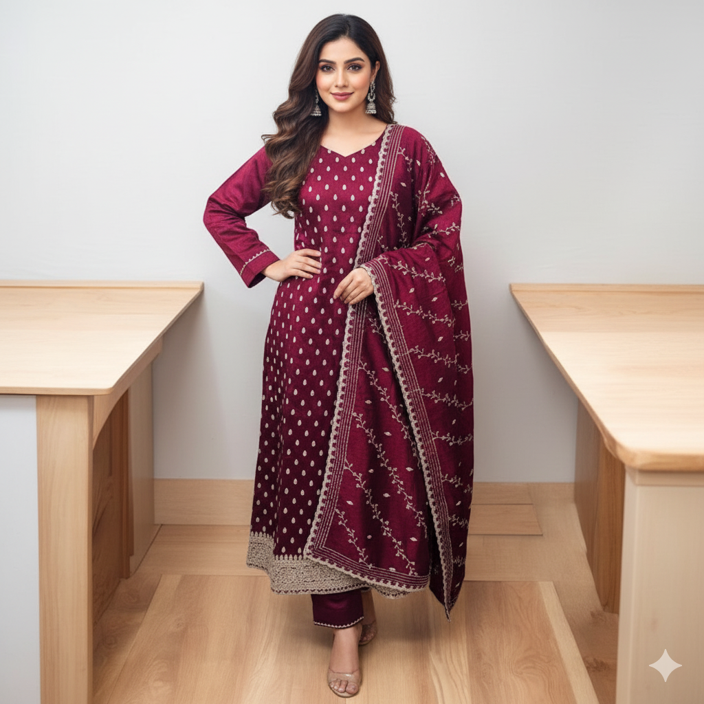 Women's Wine Embroidered Kurta with Trousers & Designer Dupatta | Ready-to-Wear Festive Suit Set