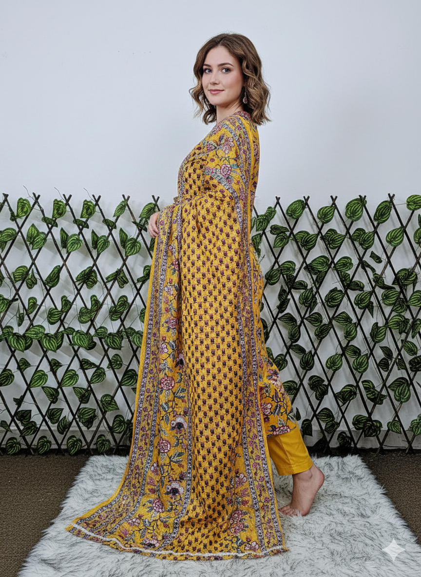 Ethnic Hand-Block Floral Print Kurta & Pant Set for Women - Yellow & Multi