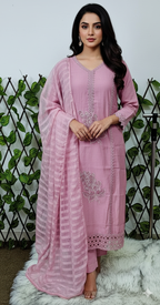 Women's Dusty Pink Embroidered & Cutwork Kurta Set with Dupatta | 3-Piece Festive Cotton Suit Product Description: