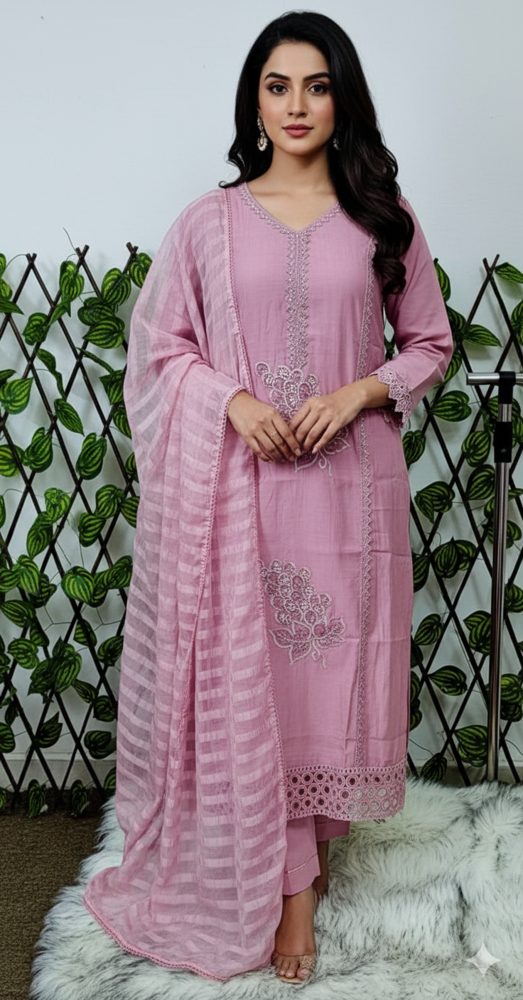 Women's Dusty Pink Embroidered & Cutwork Kurta Set with Dupatta | 3-Piece Festive Cotton Suit Product Description: