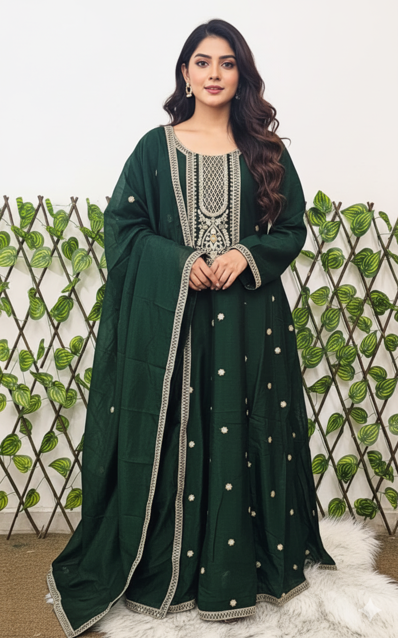 Women's Emerald Green Embroidered Anarkali Kurta Suit Set with Dupatta &amp; Trousers | Festive Indian Ethnic Wear Dress