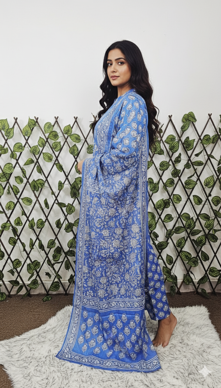 Women's 3-Piece Royal Blue Printed Kurta Suit Set with Dupatta &amp; Trousers | Casual Indian Block Print Ethnic Wear