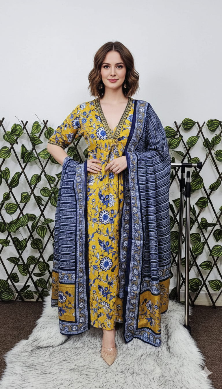 Mustard & Indigo Floral Print Cotton Kurta with Dupatta Set