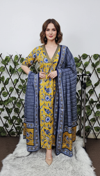 Mustard & Indigo Floral Print Cotton Kurta with Dupatta Set