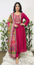 Women's Fuchsia Embroidered Kurta Suit with Heavy Work Yoke &amp; Multi-Color Patchwork Dupatta | 3-Piece Festive Set