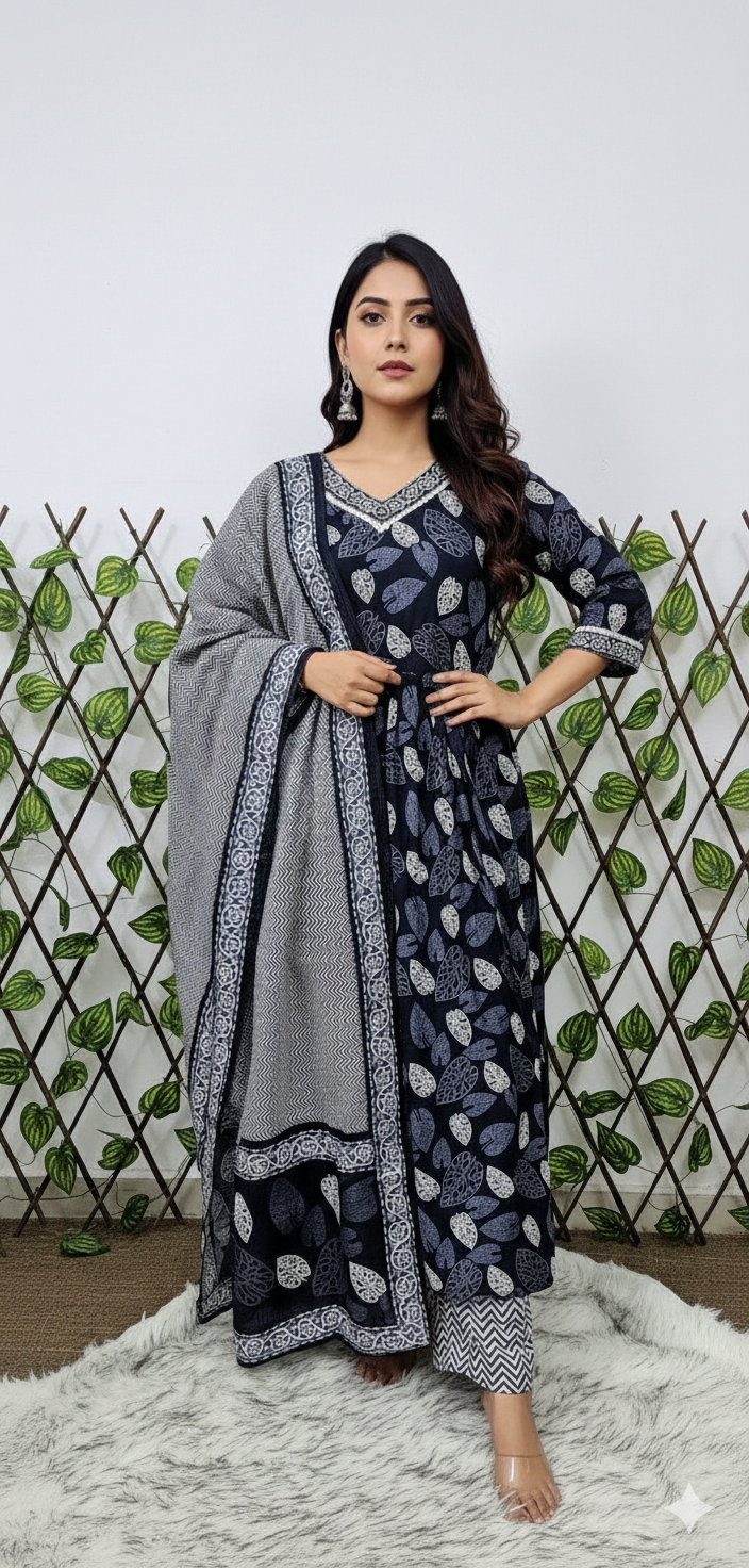 Women's 3-Piece Navy Leaf Print Kurta Set with Chevron Dupatta &amp; Trousers | Casual Indian Ethnic Wear