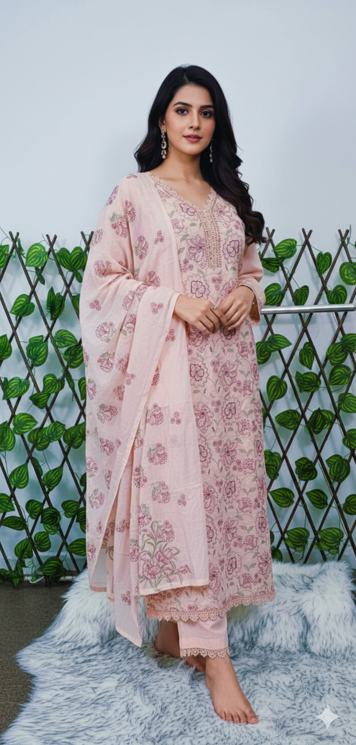 Women's Peach Floral Embroidered Cotton Kurta with Pants and Dupatta Set | Ready to Wear Ethnic Suit Product Description: