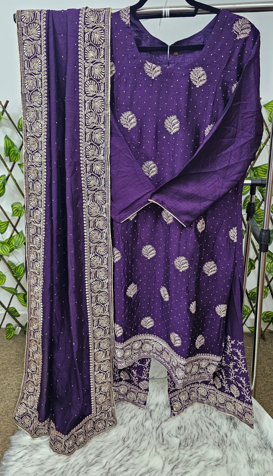 Women's Purple Silk Blend Kurta Set with Gold Zari Embroidery | 3-Piece Festive Palazzo Suit