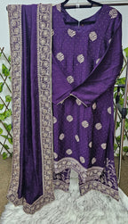 Women's Purple Silk Blend Kurta Set with Gold Zari Embroidery | 3-Piece Festive Palazzo Suit