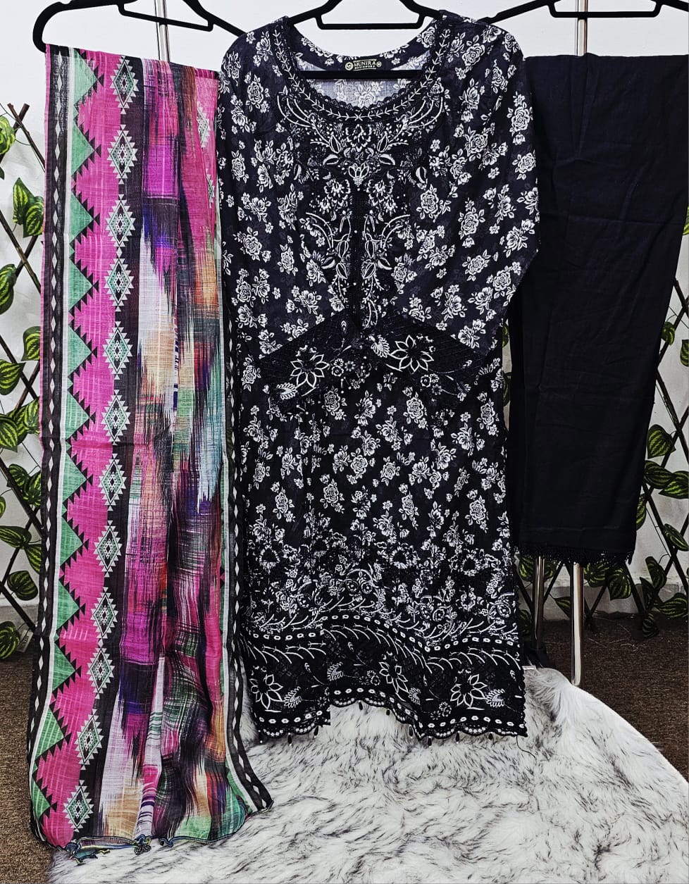 Black Floral Tunic with Vibrant Ikat-Border Scarf Set
