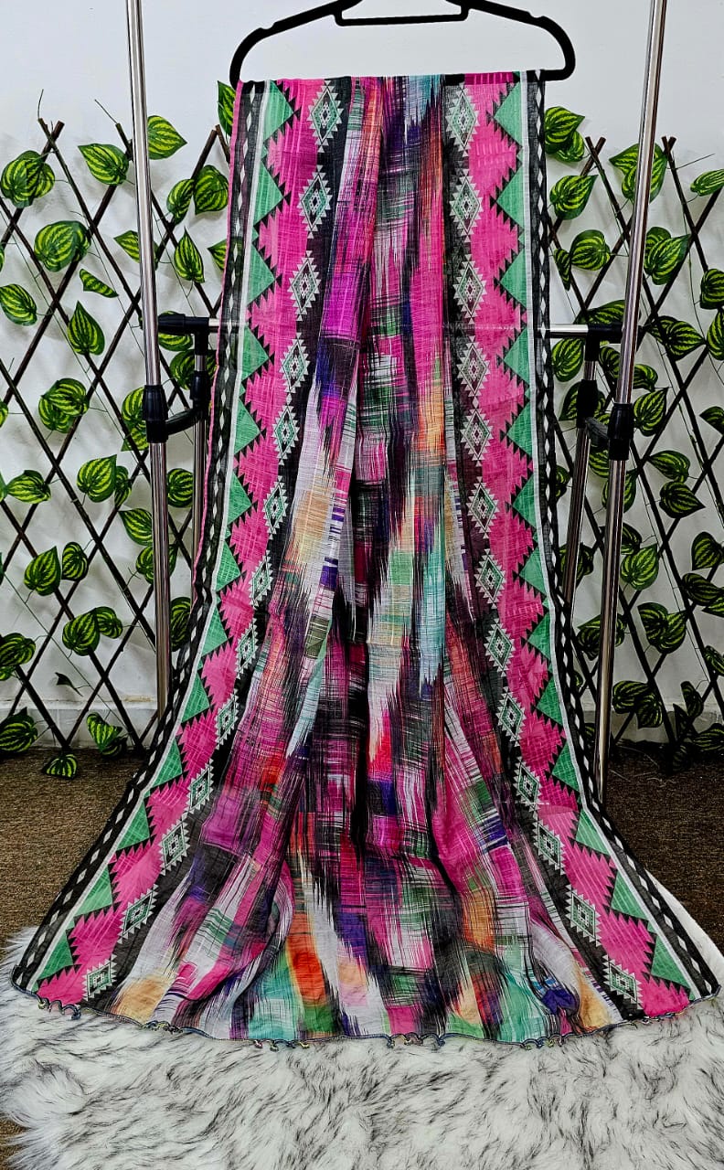 Black Floral Tunic with Vibrant Ikat-Border Scarf Set