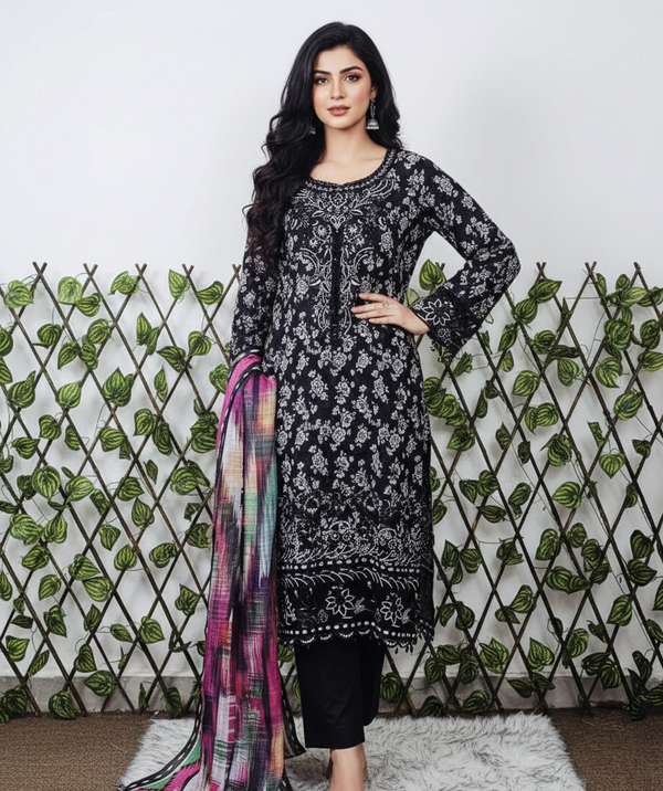Black Floral Tunic with Vibrant Ikat-Border Scarf Set