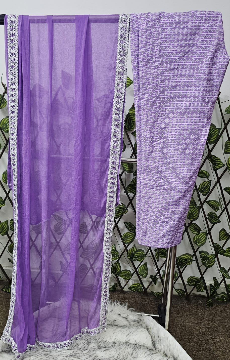 Women's Lilac Printed Kurta with Mirror Work and Border Dupatta | 3-Piece Festive Set