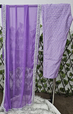 Women's Lilac Printed Kurta with Mirror Work and Border Dupatta | 3-Piece Festive Set
