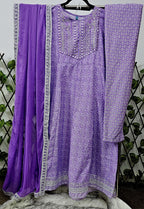 Women's Lilac Printed Kurta with Mirror Work and Border Dupatta | 3-Piece Festive Set