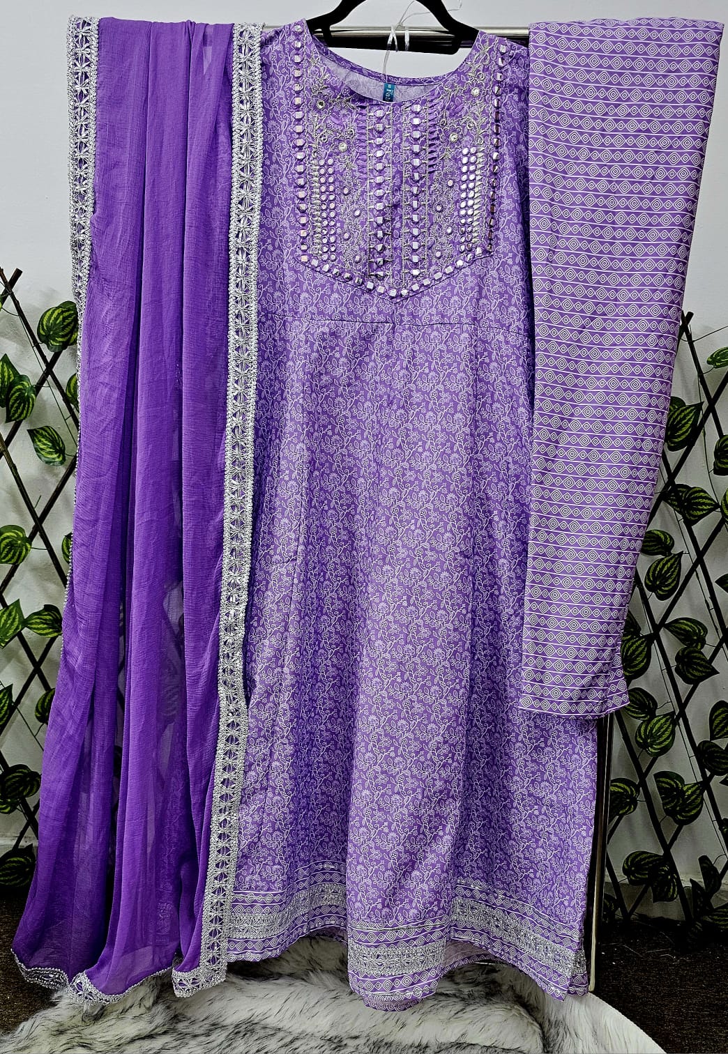 Women's Lilac Printed Kurta with Mirror Work and Border Dupatta | 3-Piece Festive Set