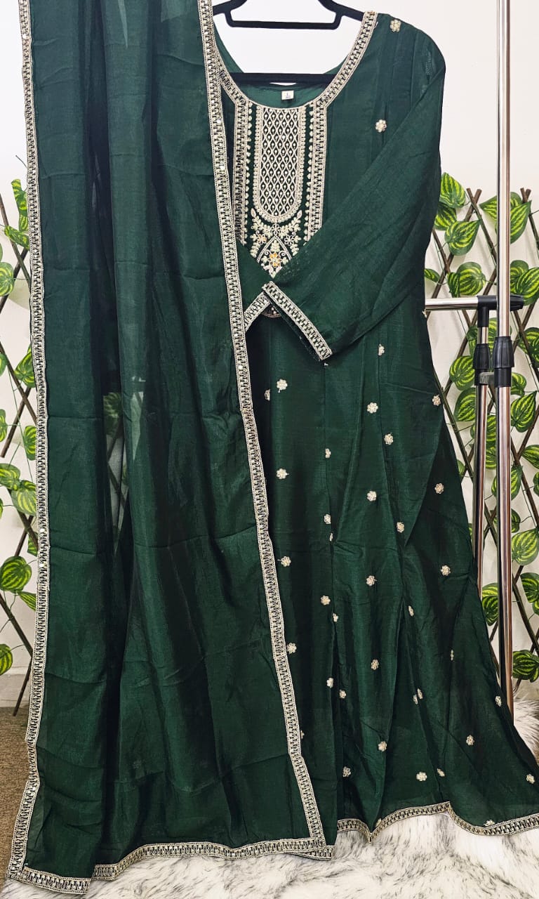 Women's Emerald Green Embroidered Anarkali Kurta Suit Set with Dupatta &amp; Trousers | Festive Indian Ethnic Wear Dress