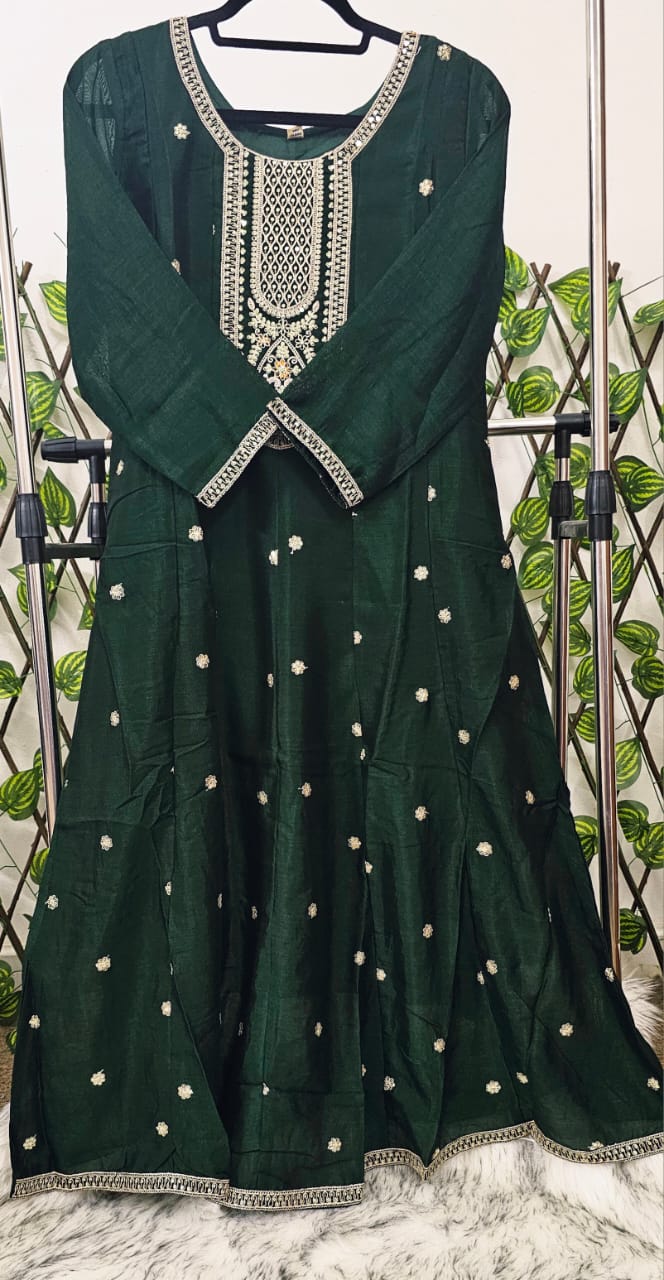 Women's Emerald Green Embroidered Anarkali Kurta Suit Set with Dupatta &amp; Trousers | Festive Indian Ethnic Wear Dress