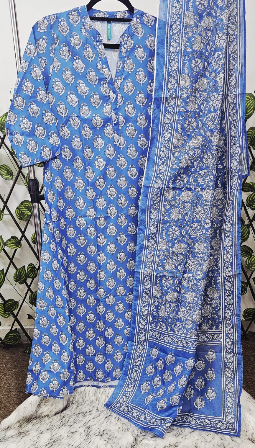 Women's 3-Piece Royal Blue Printed Kurta Suit Set with Dupatta &amp; Trousers | Casual Indian Block Print Ethnic Wear