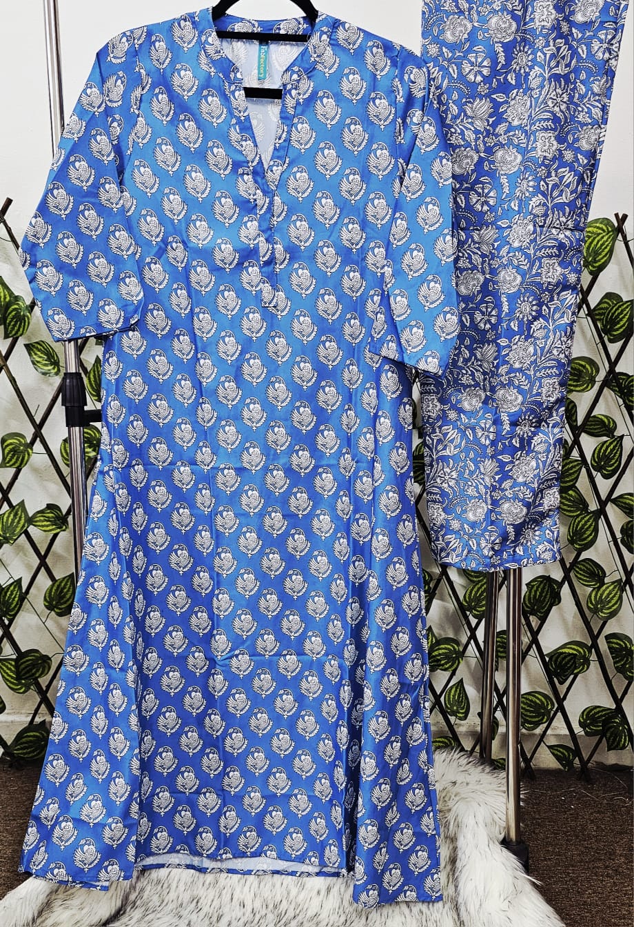 Women's 3-Piece Royal Blue Printed Kurta Suit Set with Dupatta &amp; Trousers | Casual Indian Block Print Ethnic Wear