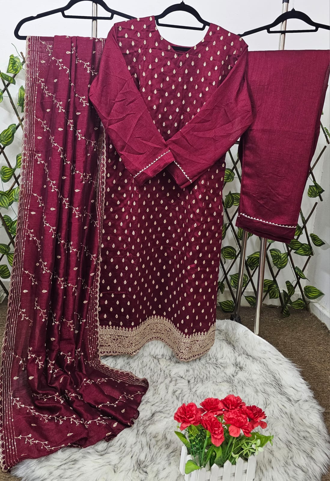 Women's Wine Embroidered Kurta with Trousers & Designer Dupatta | Ready-to-Wear Festive Suit Set