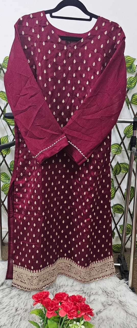 Women's Wine Embroidered Kurta with Trousers & Designer Dupatta | Ready-to-Wear Festive Suit Set