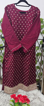 Women's Wine Embroidered Kurta with Trousers & Designer Dupatta | Ready-to-Wear Festive Suit Set