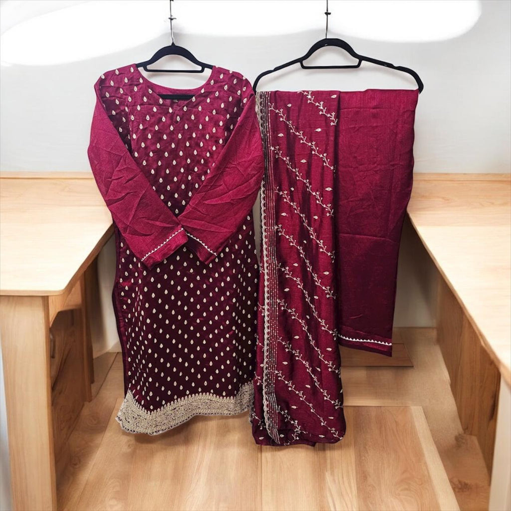 Women's Wine Embroidered Kurta with Trousers & Designer Dupatta | Ready-to-Wear Festive Suit Set
