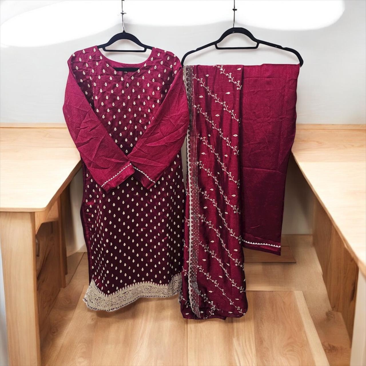 Women's Wine Embroidered Kurta with Trousers & Designer Dupatta | Ready-to-Wear Festive Suit Set