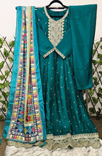 Women's Teal Green Anarkali Suit with Heavy Gold Embroidery &amp; Multi-Color Designer Dupatta | 3-Piece Festive Set