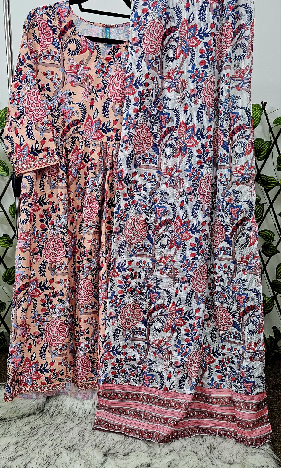 Peach &amp; Blue Floral Print Anarkali Suit Set