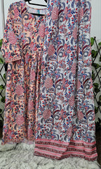 Peach &amp; Blue Floral Print Anarkali Suit Set