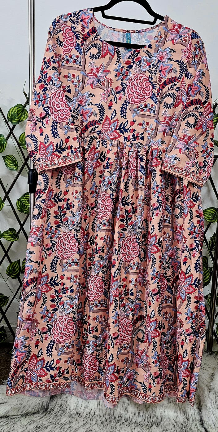 Peach &amp; Blue Floral Print Anarkali Suit Set