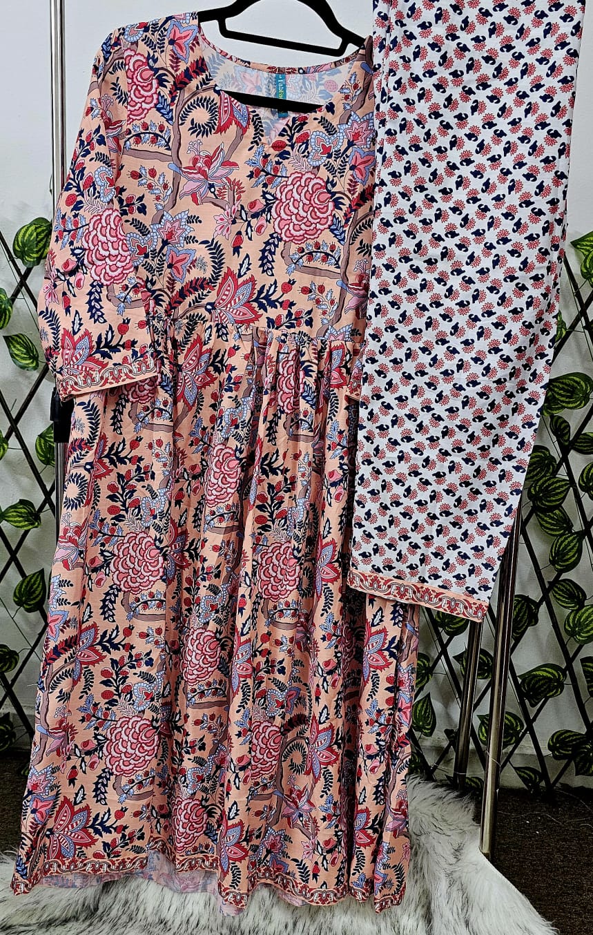 Peach &amp; Blue Floral Print Anarkali Suit Set